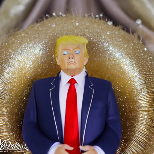 Image similar to Donald Trump with silver-violet hair, white eyes and golden glittery dress, wide lens, diorama, 4k,