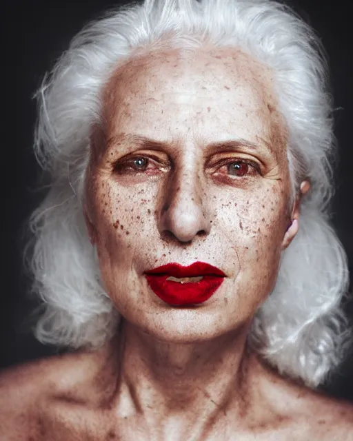 Image similar to Close-up portrait of a woman, close-up, high sharpness, zeiss lens, fashion photo shoot, flowers, white hair, freckles, Red lipstick, against gold, Annie Leibovitz and Steve McCurry, David Lazar, Jimmy Nelsson, artistic, hyper-realistic, beautiful face, octane rendering