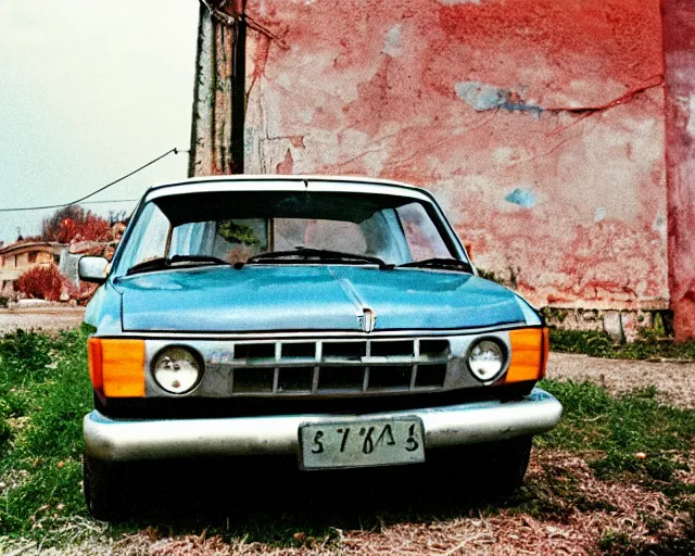 Image similar to a lomographic photo of old lada 2 1 0 7 standing in typical soviet yard in small town, hrushevka on background, cinestill, bokeh