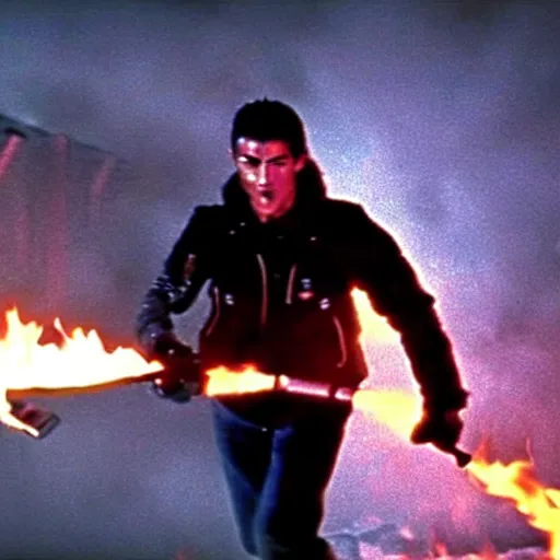 Image similar to movie still of cristiano ronaldo with a flamethrower in the thing (1982), john carpenter, cinematic,