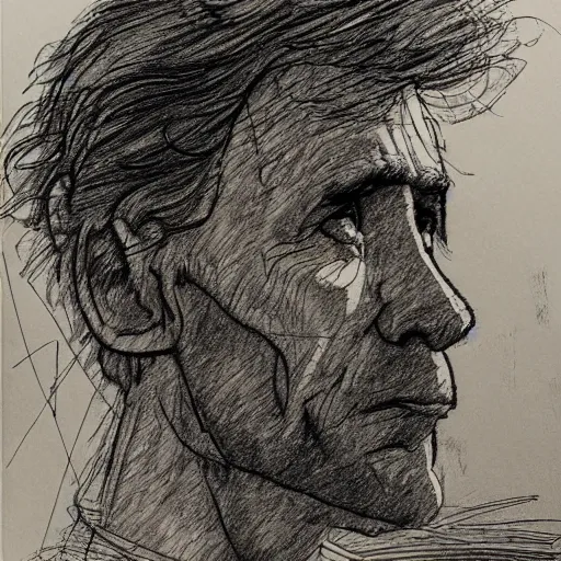 Image similar to a realistic yet scraggly portrait sketch of the side profile of a stern and sophisticated david bryne, trending on artstation, intricate details, in the style of frank auerbach, in the style of sergio aragones, in the style of martin ansin, in the style of david aja, in the style of mattias adolfsson