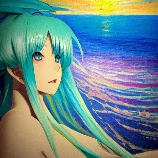 Image similar to Beautiful abstract impressionist painting of Hatsune Miku on a cliff looking calmly at the sea, hatsune miku official artwork, danbooru, oil painting by William Blake, wide strokes, pastel colors, soft lighting sold at an auction