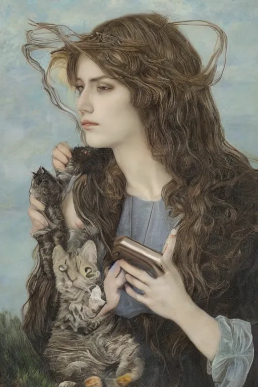 Image similar to An extremely beautiful pre-raphaelite portrait of a cute witch and her cat, surreal, ultradetailed, intricate, elegant, detailed, digital painting, artstation, concept art, smooth, sharp focus, illustration, regal, award winning picture, extremely detailed masterpiece, sense of awe, featured on artstation, Artgerm, effervescent punk kawaii-noir pastel bubbles, winning award piece, ethereal rainbows, Aetherpunk, Exquisite details