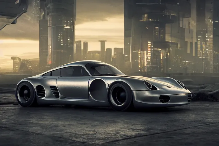 Image similar to porsche 9 5 9 cyberpunk concept car sitting on the side of the road, a detailed matte painting by zack snyder, trending on cg society, auto - destructive art, vray tracing, unreal engine 5, reimagined by industrial light and magic