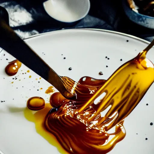 Image similar to a photorealistic fork covered in dripping honey, so much honey, professional food photography, Movie Still, Triadic color grading.