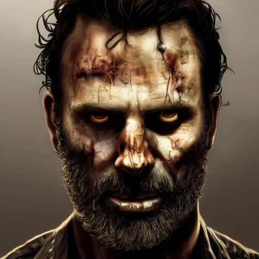 Image similar to rick grimes, zombie, head and shoulders shot, portrait, medieval, vivid colors, sharp focus, digital art, Hyper-realistic, 4K, Unreal Engine, Highly Detailed, HD, Dramatic Lighting by Brom, trending on Artstation