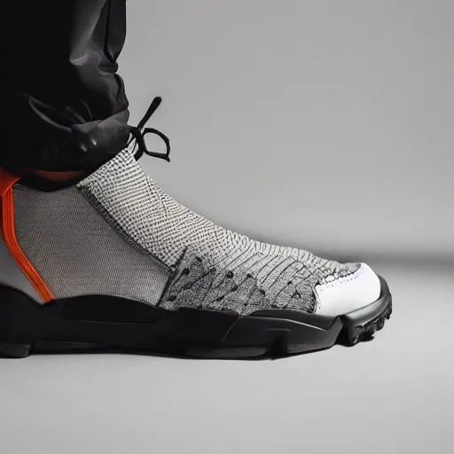 Image similar to a studio photoshoot of a Nike Air x Acronym hight top ACG sneaker collab designed by Errolson Hugh, air technology, knitted mesh material, realistic, color film photography by Tlyer Mitchell, 35 mm, graflex