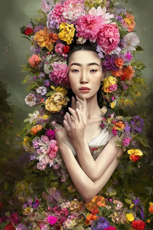 Image similar to a beautiful portrait of an empress in her garden, with a brilliant, impossible striking big flower headpiece, clothes entirely made out of flowers, symmetrical, closeup, dramatic studio lighting, rococo, baroque, jewels, asian, hyperrealism, D&D, fantasy, intricate, elegant, highly detailed, digital painting, artstation, octane render, 8k, concept art, matte, sharp focus, illustration, art by Artgerm and Greg Rutkowski and Alphonse Mucha