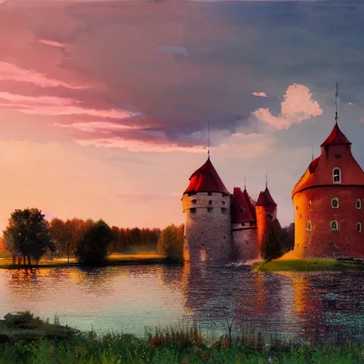 Prompt: cinematic shot of trakai castle during sunset, watercolor painting, jakub rozalski, artstation