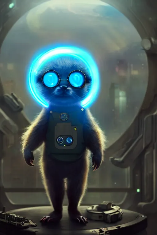 Image similar to high quality digital art sci - fi very cute fluffy! wombat!! cyborg soldier with futuristic mechanical legs, cyberpunk monocle!, highly detailed, unreal engine cinematic smooth, in the style of detective pikachu, hannah yata charlie immer, dark blue neon light, low angle, uhd 8 k, sharp focus