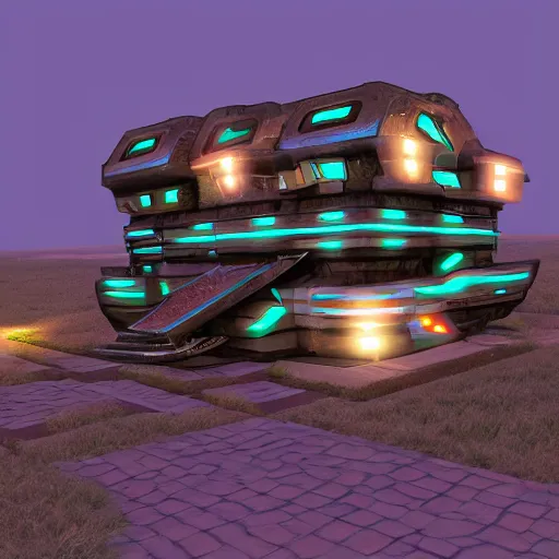 Prompt: cybernetic futuristic ndebele homestead seen from the front, highly detailed, octane rendered, night scene