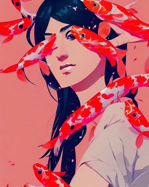 Image similar to a ultradetailed beautiful panting of a stylish woman surrounded by floating koi fish, by conrad roset, greg rutkowski and makoto shinkai, trending on artstation