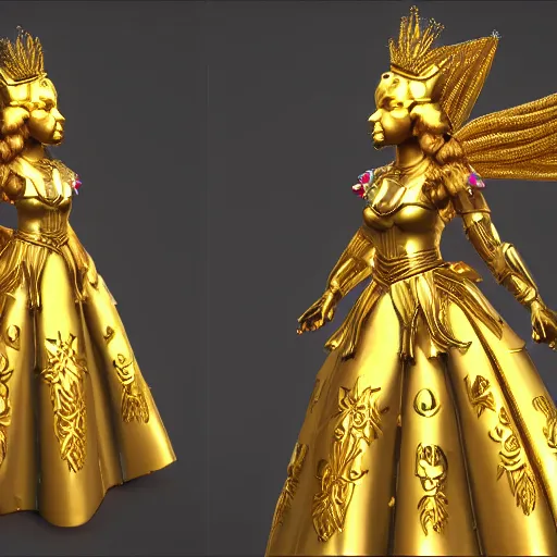 Prompt: young lady with golden armor with beautiful ornaments and a golden crown : : very detailed, symmetric, unreal engine, rim - light