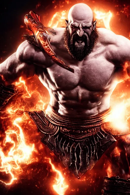 Image similar to muscular armored screaming kratos rocking out on a flaming stratocaster guitar, cinematic render, god of war 2 0 1 8, playstation studios official media, lightning, flames, left eye stripe, left eye stripe, left eye stripe, left eye stripe, clear, coherent
