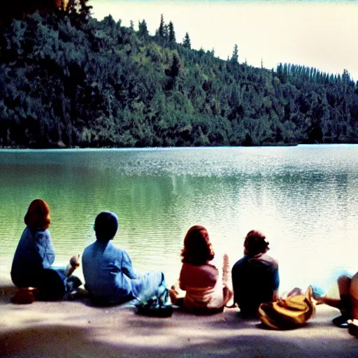 Prompt: color photograph from the sixties of people sitting by a lake in summer, faded colors, light leaks