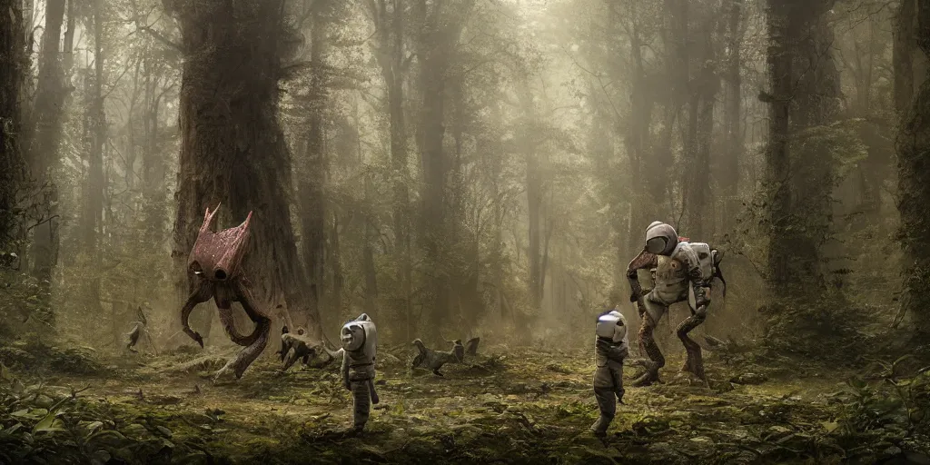 Image similar to an astronaut comes a across a strange creature in a forest, a detailed matte painting by frieke janssens, featured on cgsociety, fantasy art, matte painting, reimagined by industrial light and magic, matte drawing