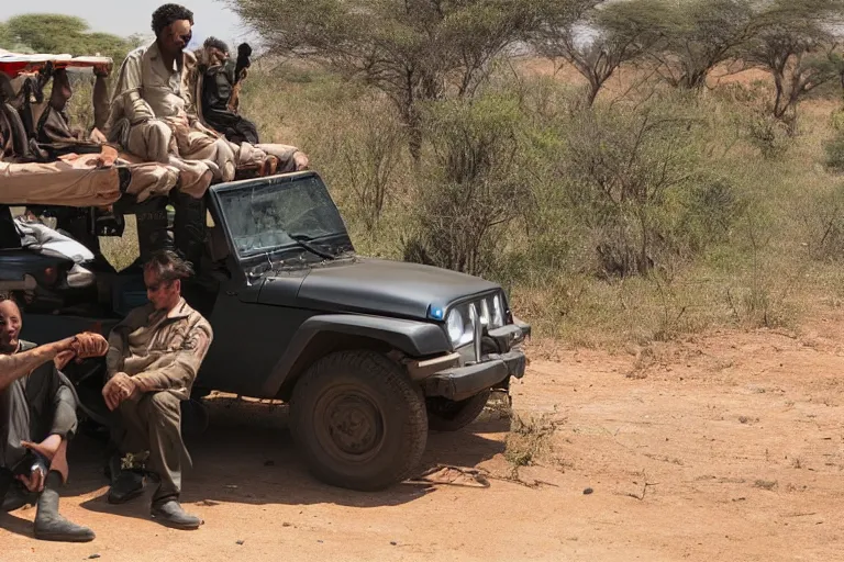 Image similar to cinematography police sitting on jeep in Africa by Emmanuel Lubezki