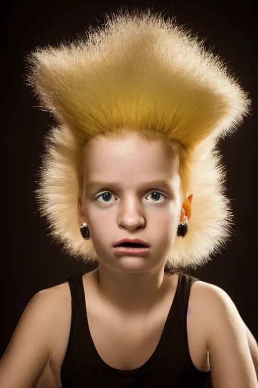 Image similar to studio portrait of girl that looks excactly like lisa simpson, lookalike, as if lisa simpson came to life, soft light, black background, fine details, close - up, award winning photo by martin schoeller