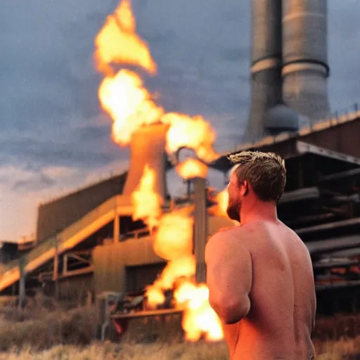 Prompt: Blond surfer Chad Iron jaw blowing up an industrial power plant