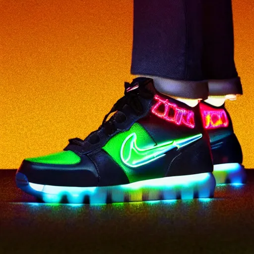 Image similar to extremely detailed realistic advertsing photograph of a ciberpunk mayan sneakers with neon lights by nike, bokeh, product shot view in studio, ArtStation, CGSociety