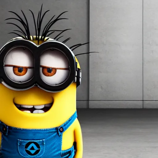 Prompt: A minion screaming in terror as he realizes he is stuck in a dystopian simulation for all eternity