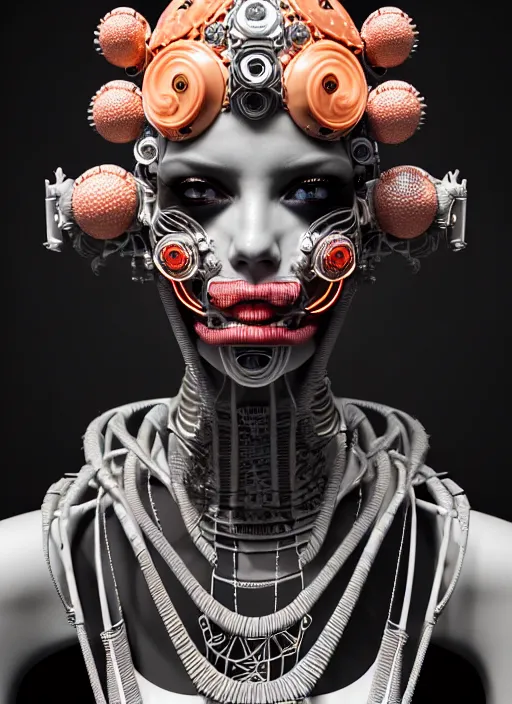 Image similar to portrait of an absurdly ugly, awful disgusting, sophisticated, fashionable cyberpunk mechanoid, hyperdetailed illustration by irakli nadar and alexandre ferra, intricate linework, white porcelain skin, faberge, coral headdress, unreal engine 5 highly rendered, global illumination, radiant light, detailed and intricate environment