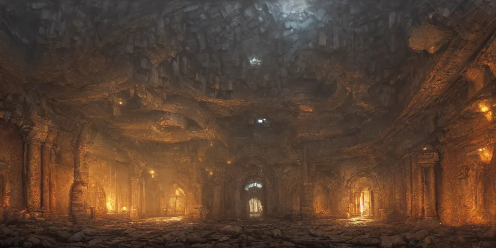 Prompt: Hyper realistic oil painting of the insides of an abandoned dwarven fortress, dark, torchlight, fantasy, cinematic lighting, broken furniture, dust, gloomy, by greg rutkowski, trending on artstation