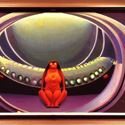 Image similar to three biomorphic robotic seers watchers oracles soothsayers with glowing eyes portrait, inside a dome, pj crook, grant wood, edward hopper, syd mead, chiaroscuro, oil on canvas