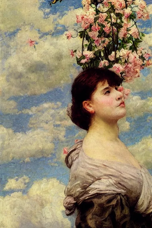 Image similar to close - up fashion fat woman portrait airy flowers cloudy sky art by vasnetsov