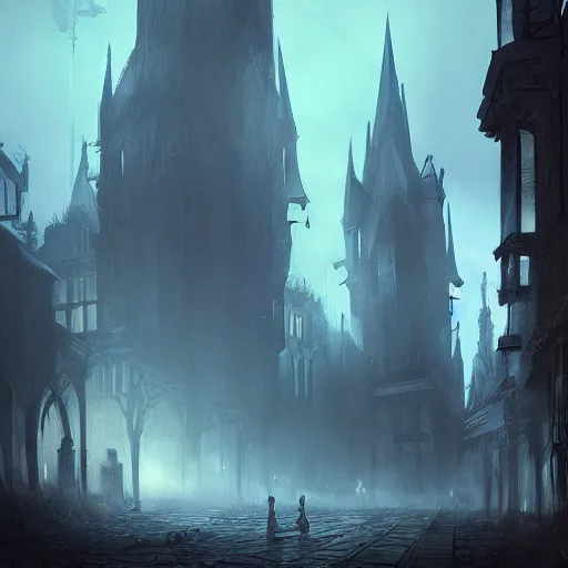 Image similar to dark fantasy Victorian city, digital art, concept art, trending on artstation, highly detailed, grim atmosphere, volumetric lighting