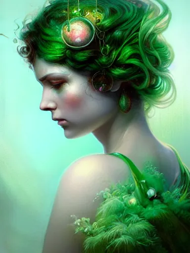 Prompt: green earth goddess ; by james jean, charlie bowater, tom bagshaw, nikolay makovsky, melanie delon : : enchanting, ethereal, magical, glowing, sparkle, iridescent, flowerpunk, portrait, character design, illustration, hyperrealism, photorealism, digital art, concept art, dark fantasy, whimsy, weta, wlop, artstation