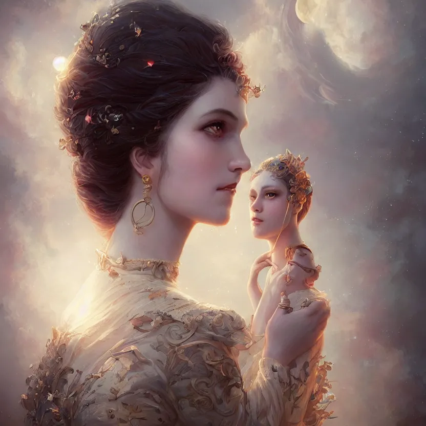 Image similar to a beautiful digital painting of a princess, princess, the moon behind her, intricate, cinematic lighting, highly detailed, digital painting, concept art, smooth, sharp focus, illustration, art by tom bagshaw, artgerm and greg rutkowski