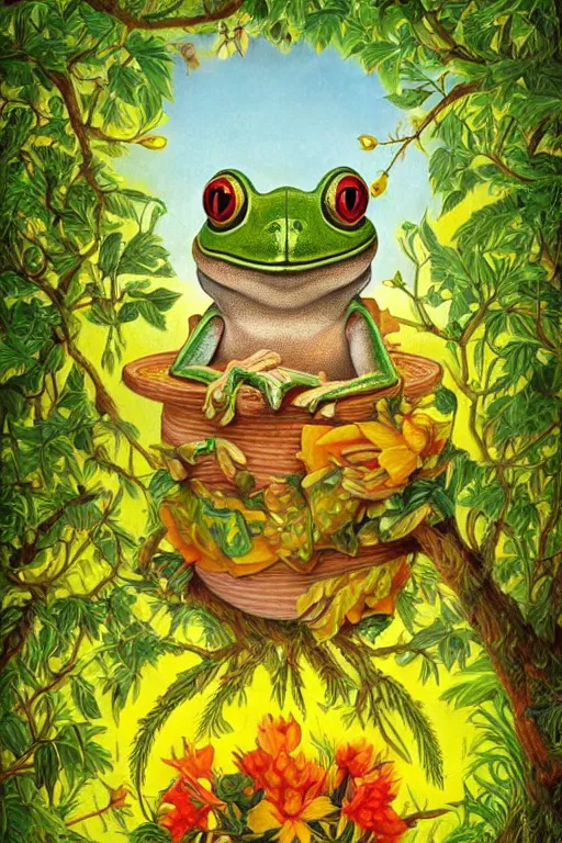 Prompt: a giant amazonian fairy tale tree frog with a ceramic pot on his head like a crown walking upright on a yellow sky background, lowbrow, minimalistic, louis wain, magical realism, kevin sloan,