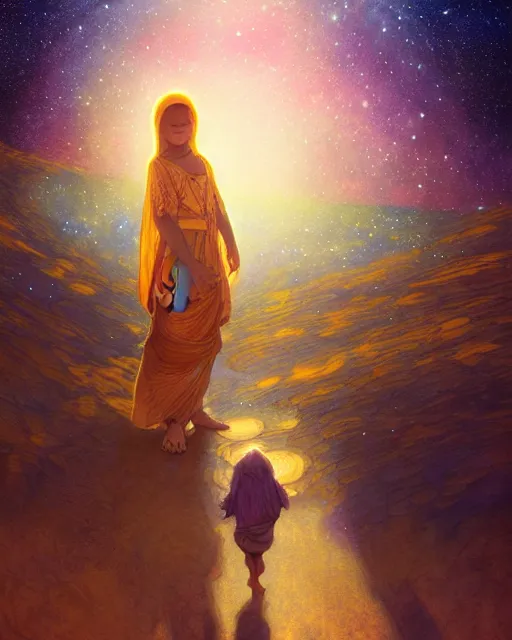 Image similar to bedouin child praying in galaxy walking towards mosque surrounded by nebula, highly detailed, gold filigree, romantic storybook fantasy, soft cinematic lighting, award, disney concept art watercolor illustration by mandy jurgens and alphonse mucha and alena aenami, pastel color palette, featured on artstation