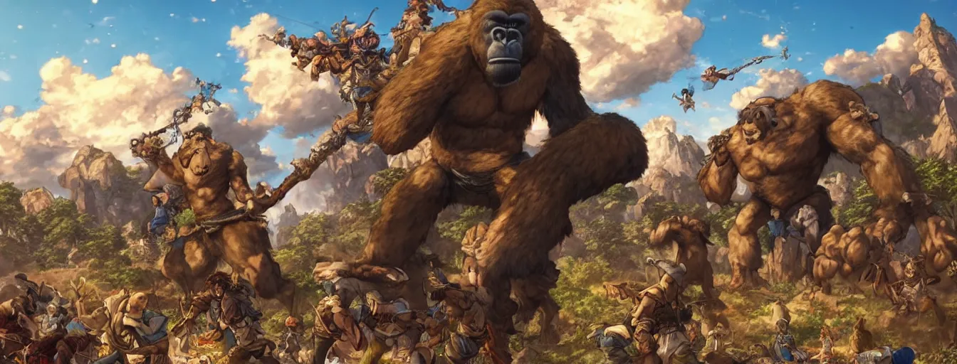 Prompt: a gigantic lanky gorilla throwing firstful of rocks at an incoming calvary. hyperrealistic anime background illustration by kim jung gi, colorful, extremely detailed intricate linework, smooth, super sharp focus, bright colors, high contrast, matte, octopath traveler, unreal engine 5 highly rendered, global illumination, radiant light