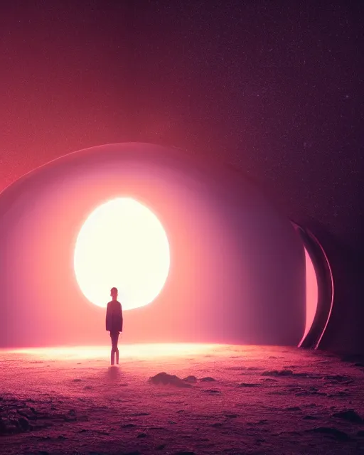 Image similar to a person standing in front of a glowy open door that's on a barren moon, poster art by mike winkelmann, trending on cg society, space art, sci - fi, ue 5, futuristic, volumetric lighting