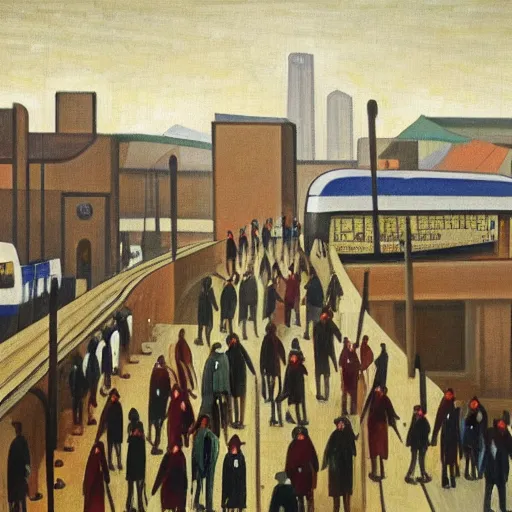 Image similar to painting of south african commuters heading to the central business district of johannesburg, painted by laurence stephen lowry, oil on canvas, national gallery