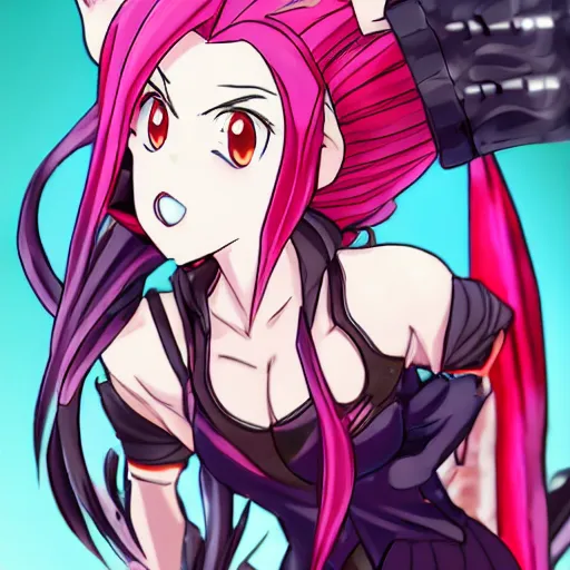 Prompt: jinx from league of legends full body portrait in the style of anime, cinematic