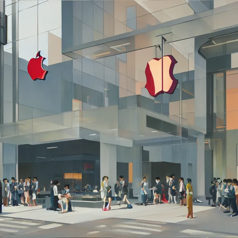 Image similar to apple store opening in Tokyo, painted by Edward Hopper, painted by James Gilleard, airbrush