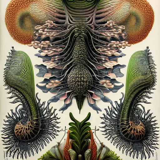 Prompt: hyper - detailed matte illustration of alien flora and fauna by iris van herpen based on plate 6 1 of art forms in nature by ernst haeckel