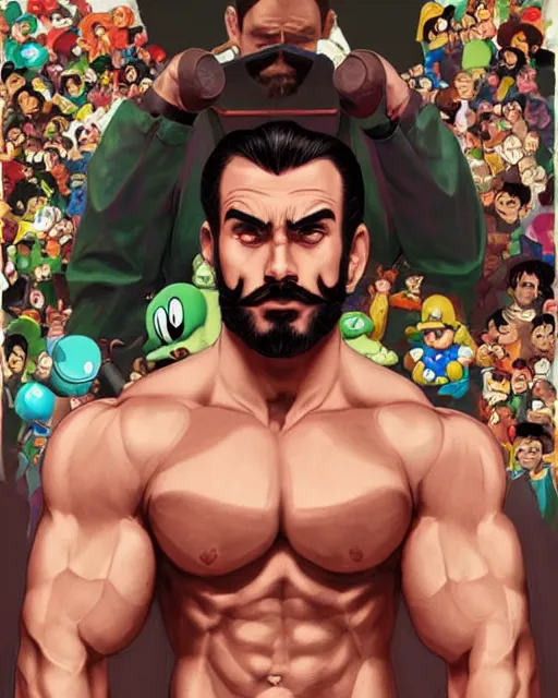 Image similar to gigachad luigi bodybuilder in tokyo by ilya kuvshinov, ernest khalimov body by krista sudmalis, super mario bros symmetrical face concept art, hyper realistic, intricate, elegent, highly detailed, digital painting, concept art, smooth, sharp, focus, illustration, art by artgerm and greg rutkowski and alphonse mucha, artstation