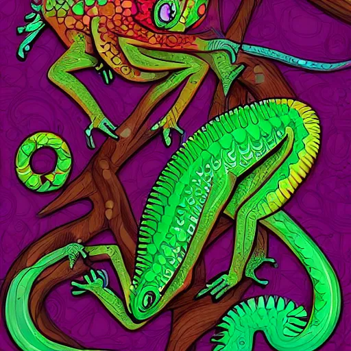 Prompt: chameleon changing colors, d & d style, trending on artstation, colorful, intricate, art by aurore folny