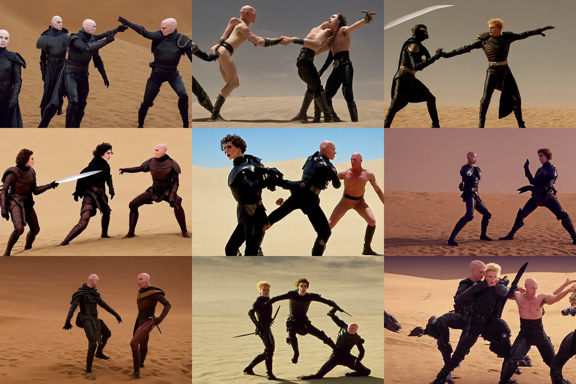 Prompt: choreographed_knife_fight between two people, bald_hairless_Austin_Butler_as_Feyd-Rautha_Harkonnen and Timothee_Chalamet_as_Paul_Atreides, in an arena pit, film still from movie Dune-2021, golden ratio