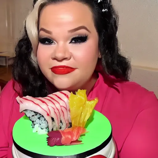 Image similar to trisha paytas eats sushi made out of birthday cake, mukbank, tumbnail