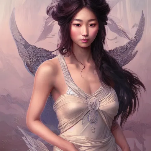 Image similar to full body portrait of asian beautiful girl, d & d, fantasy, intricate, elegant, highly detailed, digital painting, artstation, concept art, smooth, sharp focus, illustration, cinematic dramatic atmosphere, volumetric lighting, smooth, highly detailed, art by artgerm and greg rutkowski and alphonse mucha