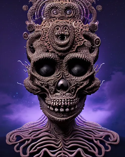 Image similar to 3 d ornate carved dark junji ito with profile portrait, sigma 5 0 0 mm f / 5. beautiful intricate highly detailed quetzalcoatl skull. bioluminescent, plasma, lava, ice, water, wind, creature, thunderstorm! artwork by tooth wu and wlop and beeple and greg rutkowski, 8 k trending on artstation