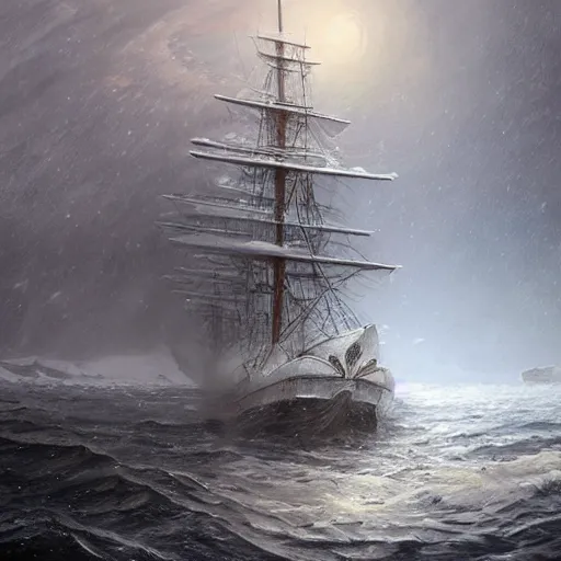 Prompt: a victorian era exploration frigate lost in the arctic, attacked by a lovecraftian monster, in a snowstorm art by artgerm and Todd Shorr, featured on artstation