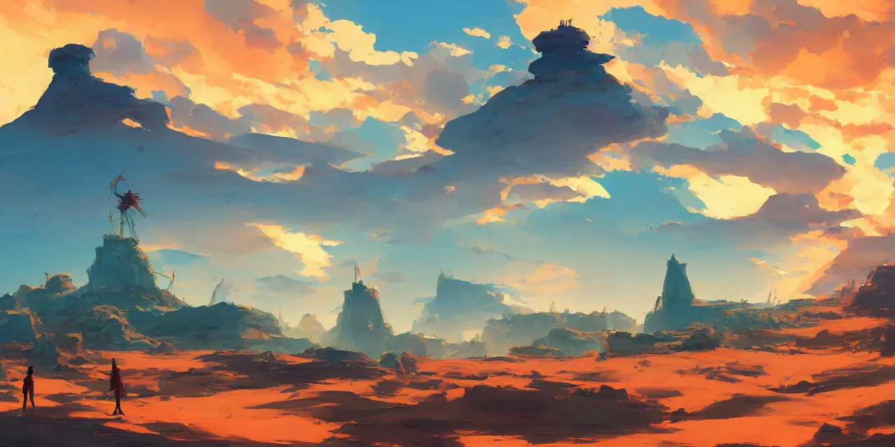 Image similar to blue desert, organic tower in the distance, green sky with a red sun, pirate ship floating in the sky, official fanart behance hd artstation by jesper ejsing, by rhads, makoto shinkai and lois van baarle, ilya kuvshinov, ossdraws