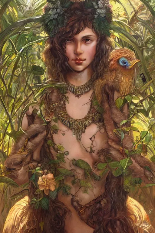 Image similar to ultra realistic illustration, bohemian animal in jungle, staring directly into camera, intricate, elegant, highly detailed, digital painting, artstation, concept art, smooth, sharp focus, illustration, art by artgerm and greg rutkowski and alphonse mucha