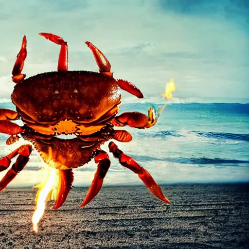 Image similar to jovanotti fighting a giant flaming enemy crab on a beach